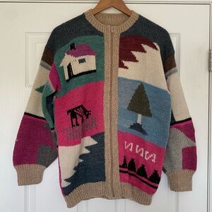 Cozy Cottagecore Intarsia Multi-colour Zip-up Cardigan Sweater Size Large